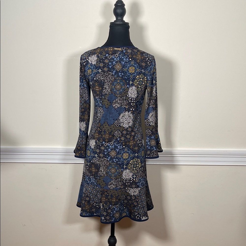 Michael Kors Blue and Gold Patterned Long Sleeve Dress - Picture 2 of 3
